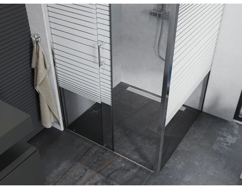 Mexen Apia, sprchový kút s posuvnými dverami 90 (dvere) x 90 (stena) cm, 6mm číre-pásy sklo, chrómový profil, 840-090-090-01-20
