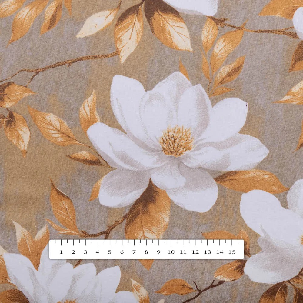 Biante Bavlnený oválny obrus Sandra SA-717 Biele kvety magnólie na hnedosivom 50x100 cm
