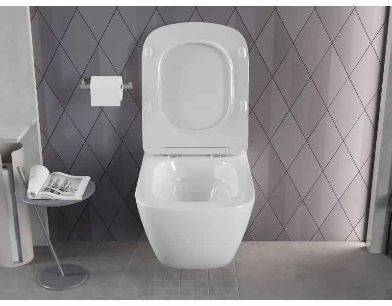 Mexen Timo, závesná WC misa 555x370x335 mm, Rimless Tornádo + WC sedadlo z duroplastu, biela lesklá, 30650200T