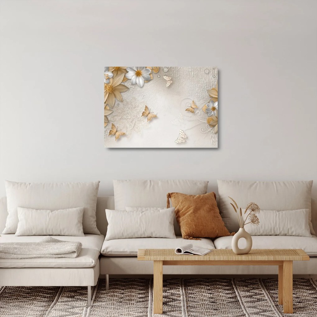 Sklenený obraz - Kvety s motýlikmi (70x50 cm)