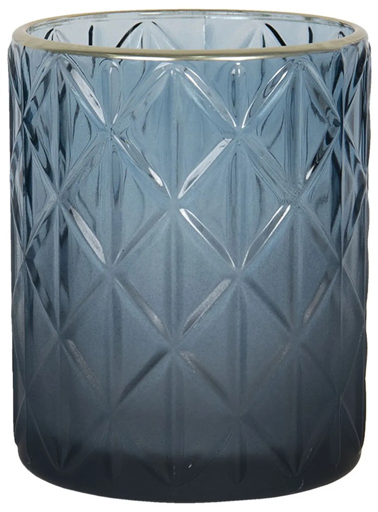 Modrý sklenený svietnik so zlatou linkou - Ø 10 * 12 cm