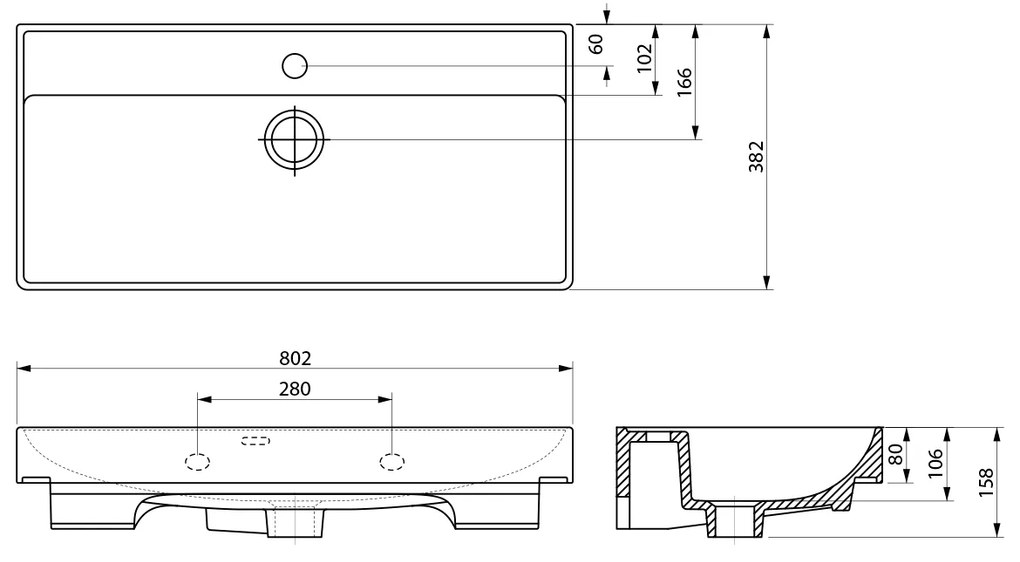 Aqualine Aqualine, PARLA keramické umývadlo 80x38cm, biela, 9980