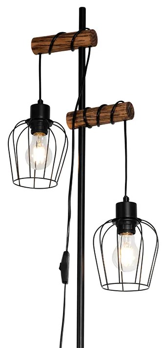 Rustikálna stojaca lampa čierna s drevom 2-svetlo - Stronk