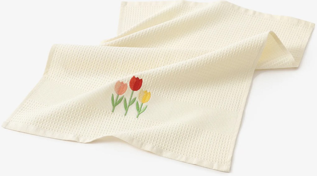 Goldea kuchynská vaflová utierka s výšivkou - tulipány na krémovom 50 x 70 cm