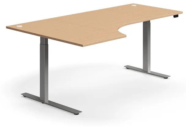 Výškovo nastaviteľný stôl FLEXUS, rohový, 2000x1200 mm, strieborný rám, buk