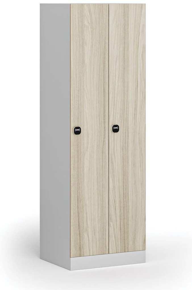 Kovová šatníková skrinka, 2-dverová, 1850 x 600 x 500 mm, demont, zámok s čítačkou RFID kariet, laminované dvere, dub prírodný