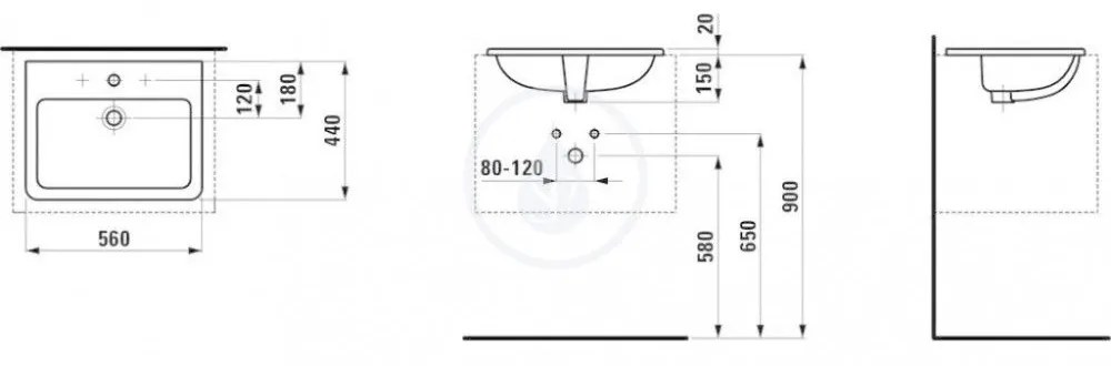 LAUFEN Pro S Zápustné umývadlo, 560 mm x 440 mm, 3 otvory na batériu, s LCC, biela H8189634001081