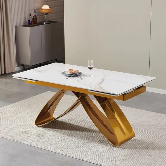 Stôl MATEO 160–240 cm biely mramor/zlatý