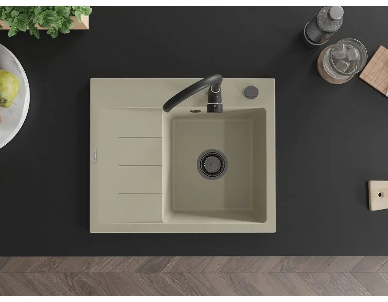 Mexen Ben, 1-komorový granitový drez 600x500x190 mm, pravý + čierny sifón, béžová, 6523605000-69-B