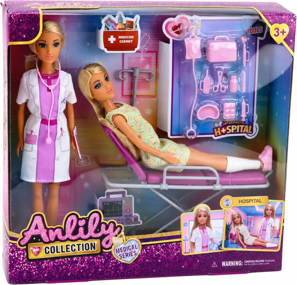 LEAN Toys Bábiky Anlily – Lekárka s pacientkou, nemocničná posteľ, infúzia, príslušenstvo