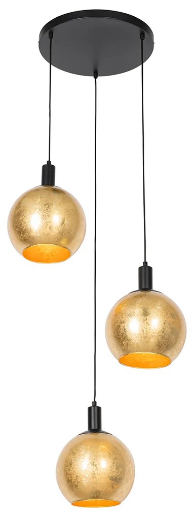 Dizajnové závesné svietidlo čierne so zlatým sklom 3-svetlo - Bert