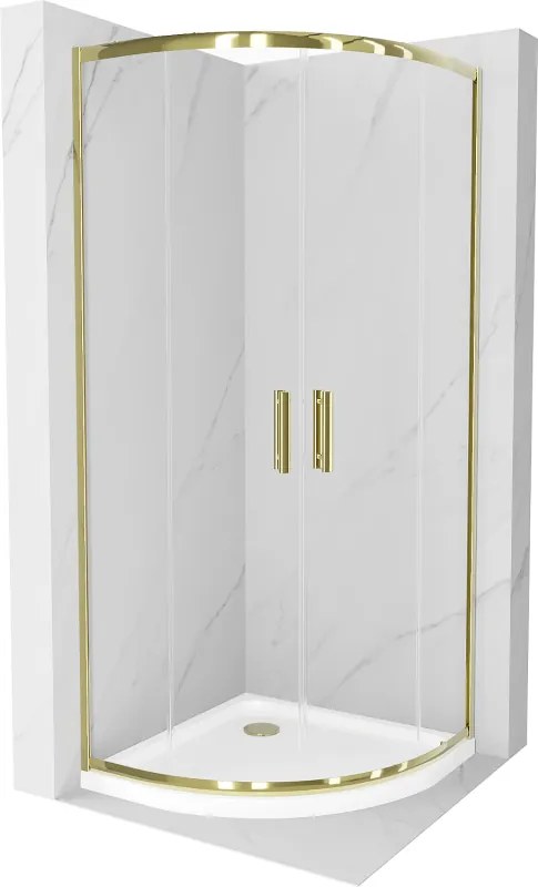 Mexen Rio, štvrťkruhový sprchovací kút s posuvnými dverami 80(dvere) x 80(dvere) x 190 cm, 6mm číre sklo, zlatý profil + biela sprchová vanička SLIM, 863-080-080-50-00-4110G