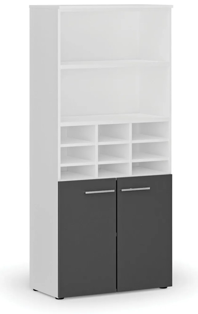 Triediaci regál s dverami PRIMO WHITE, 800 x 420 x 1781 mm, 9 priehradok, biela / grafitová