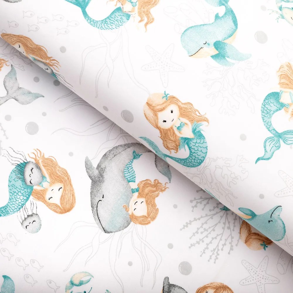 Biante Detská bavlnená obliečka na vankúš Sandra SA-691 Modrozelené morské panny s delfínmi a veľrybami na bielom 70 x 90 cm