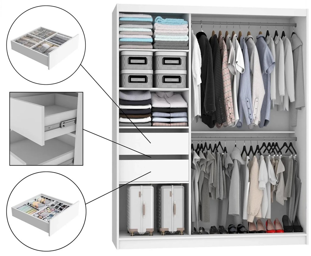 Šatníková skriňa 158 cm Belini biely mat s posuvnými dverami zrkadlom a zásuvkami MBP SZP7/0/W/W/0/KLAL