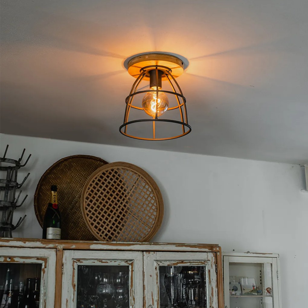 Priemyselné stropné svietidlo tmavosivé s drevenými prvkami - Arthur