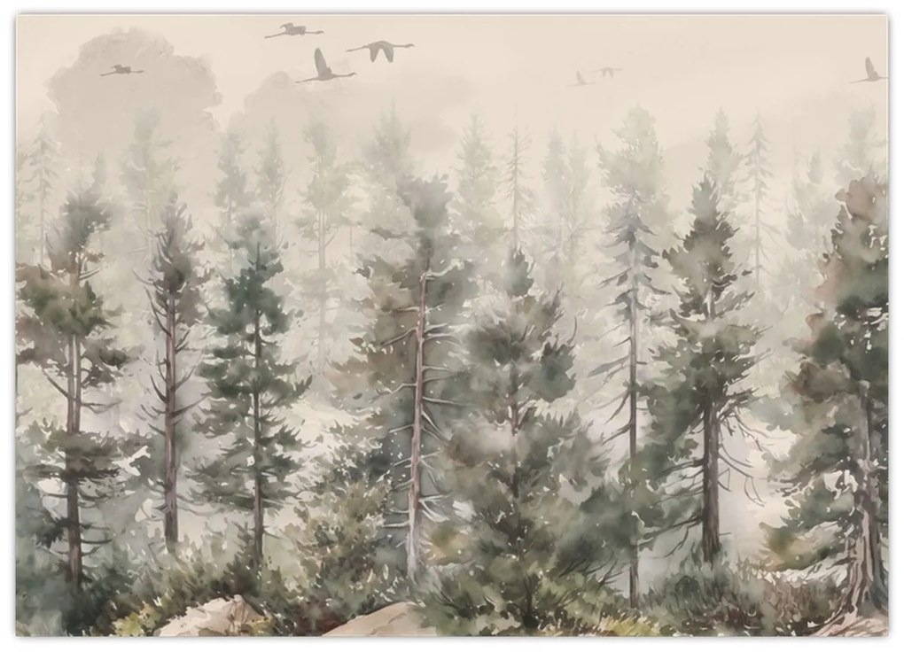Sklenený obraz - Borovicový les I., aquarel (70x50 cm)