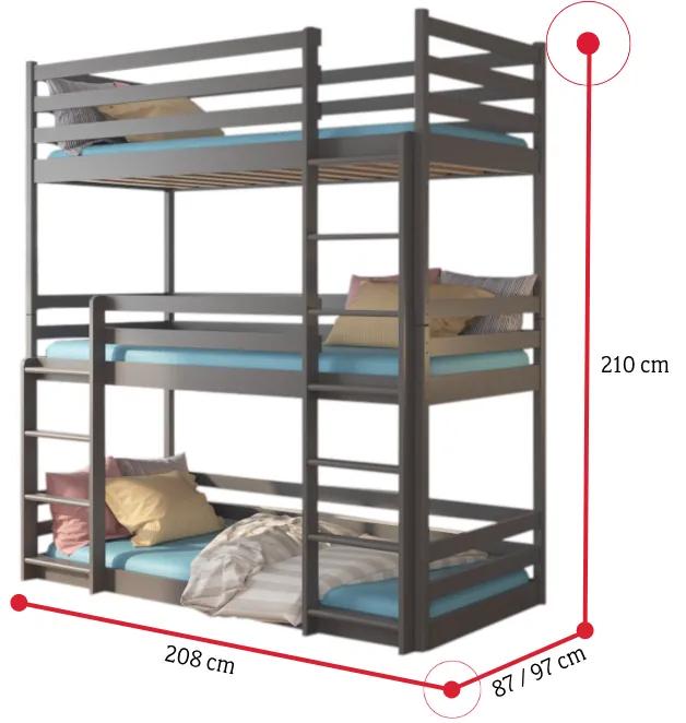 Detská poschodová posteľ TEDROS + 3x matrac, 80x180, borovica