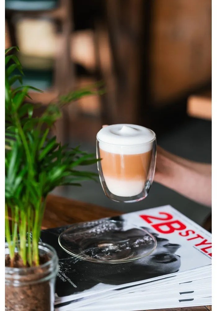 Súprava 2 dvojstenných sklenených šálkov s tanierikom Vialli Design, 250 ml