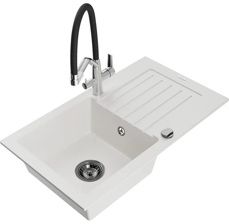 Mexen Pablo, granitový drez 752x436x161 mm, 1-komorový a drezová batéria Duo, biela, 6510-20-671701-07-B