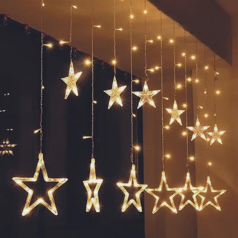 SOLIGHT LED vonkajší vianočný záves, hviezdy, šírka 3m, 123LED, IP44, 3xAA, teplá biela