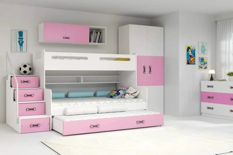 Poschodová posteľ s prístelkou MAX 3 rozšírená 200x120 biela - ružová