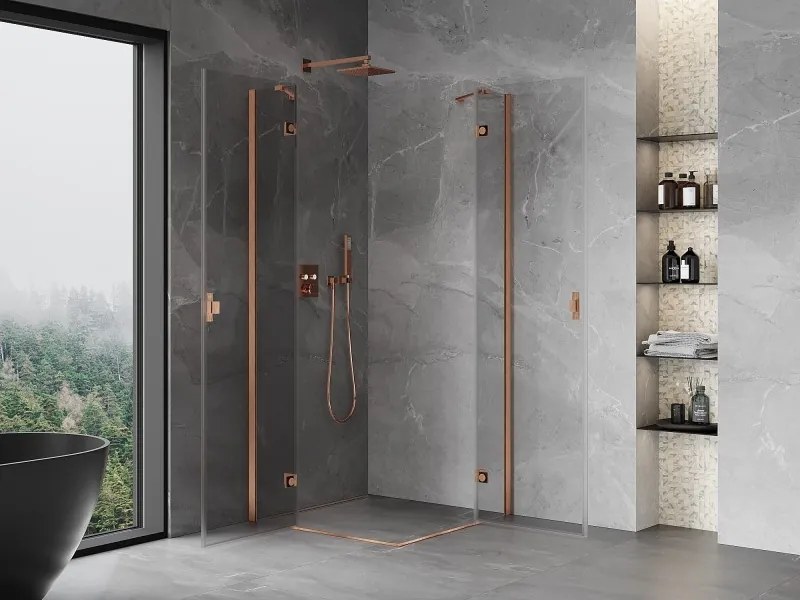 Mexen Mist-H Duo, 2-krídlový výklopný sprchový kút 90 x 90 cm, číre sklo, medený matný profil, 8A5-090L-090P-65-00