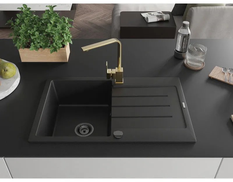 Mexen Bruno, drez granitový 795x495x200 mm, 1-komorový, čierna s čiernym sifónom a zlatá drezová batéria Rita, 6513-77-670300-50-B