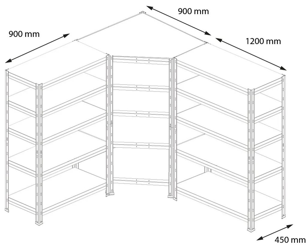 Bezskrutkový kovový regál RIVET CORNER PACK 180x210x180x45 cm, 5x HDF polica, zinok