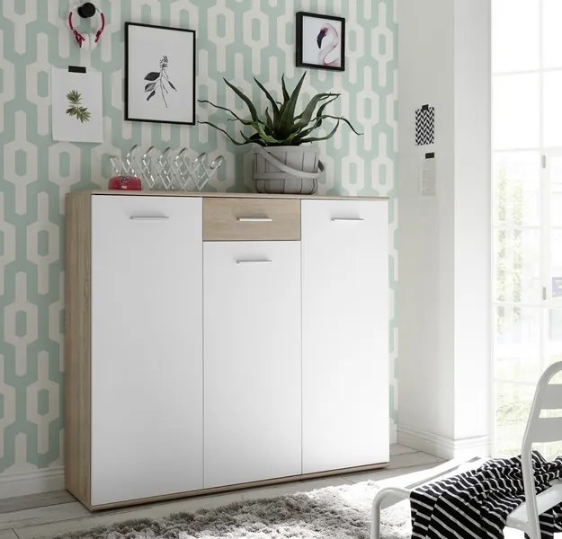 Komoda s policami/botník Manolo 136 cm, dub sonoma/biela