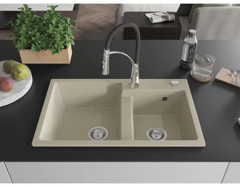 Mexen Tomas, 2-komorový granitový drez 800x500x190 mm a drezová batéria Aster, béžová, 6516-69-73450-07