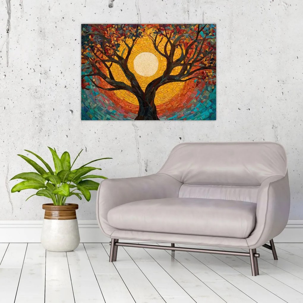 Sklenený obraz - Slnko v korune stromu života (70x50 cm)