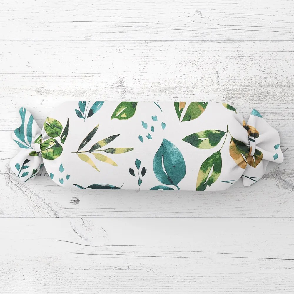 Biante Vankúš valec bonbon Sandra SA-434 Modro-zelené listy na bielom 15x80 cm