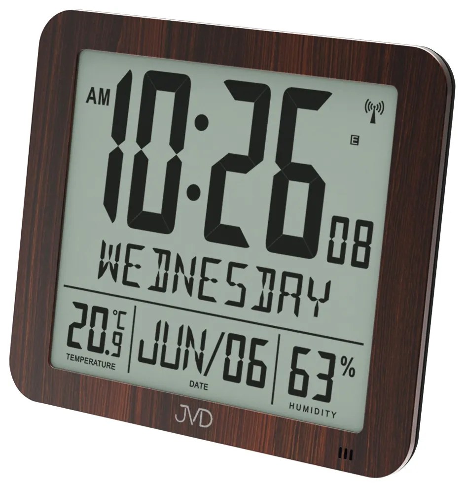 Rádiom riadené digitálne hodiny JVD DH9335.2 – budík, teplomer a vlhkomer, hnedé
