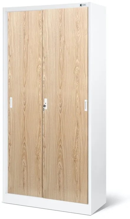 Kovová spisová policová skriňa s posuvnými dverami model KUBA biela / dub sonoma  JAN NOWAK