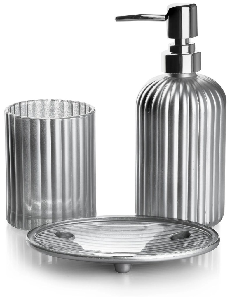 Kúpeľňová súprava ARI 400 ml strieborná - dávkovač mydla s držiakom + pohár na zubnú kefku