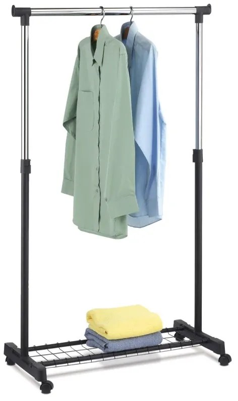 Stojan na šaty jednoramenný, s odkladačem, černá barva, kov / plast, chrom