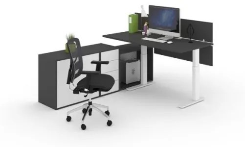 Zostava výškovo nastaviteľného pracovného stola, zásuvkového kontajnera a 2 skríň FUTURE, biela/grafitová