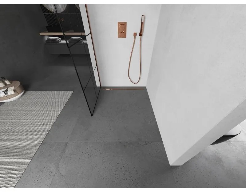 Mexen Kioto L, sprchová zástena Walk-In 70 x 200 cm, 8mm číre sklo čierny vzor, ružové zlato profil, 800-070-103-60-77