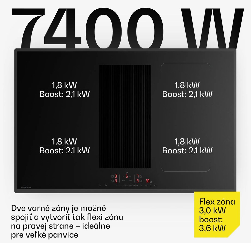 Klarstein Velaire hybridná indukčná varná doska s integrovaným digestorom Elegantná, minimalistická, výkonná 7400 W 80 cm