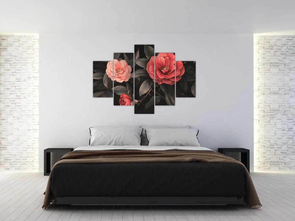 Obraz - Červené kvety na tmavom pozadí (150x105 cm)