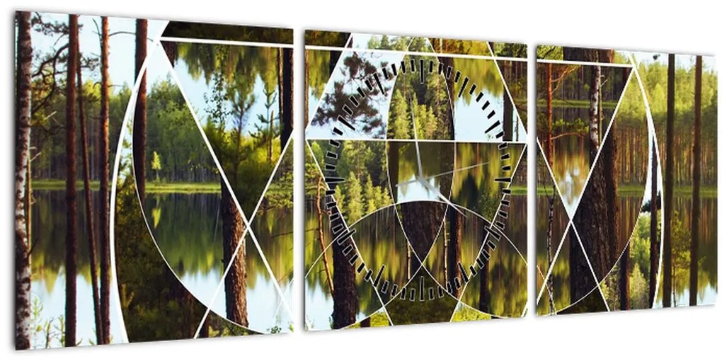 Obraz - Geometrická koláž na pozadí severských lesov (s hodinami) (90x30 cm)