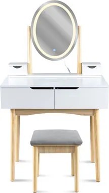 Toaletný stolík GLAM s LED zrkadlom biely / naturálny, sivá taburetka