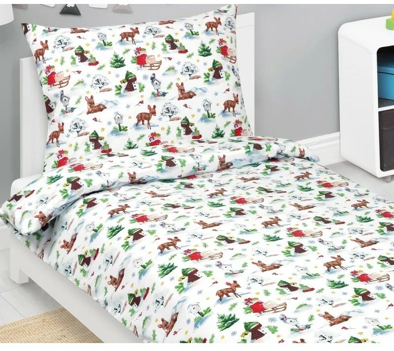 Bellatex Vianočné bavlnené obliečky Zvieratká v lese, 140 x 200 cm, 70 x 90 cm
