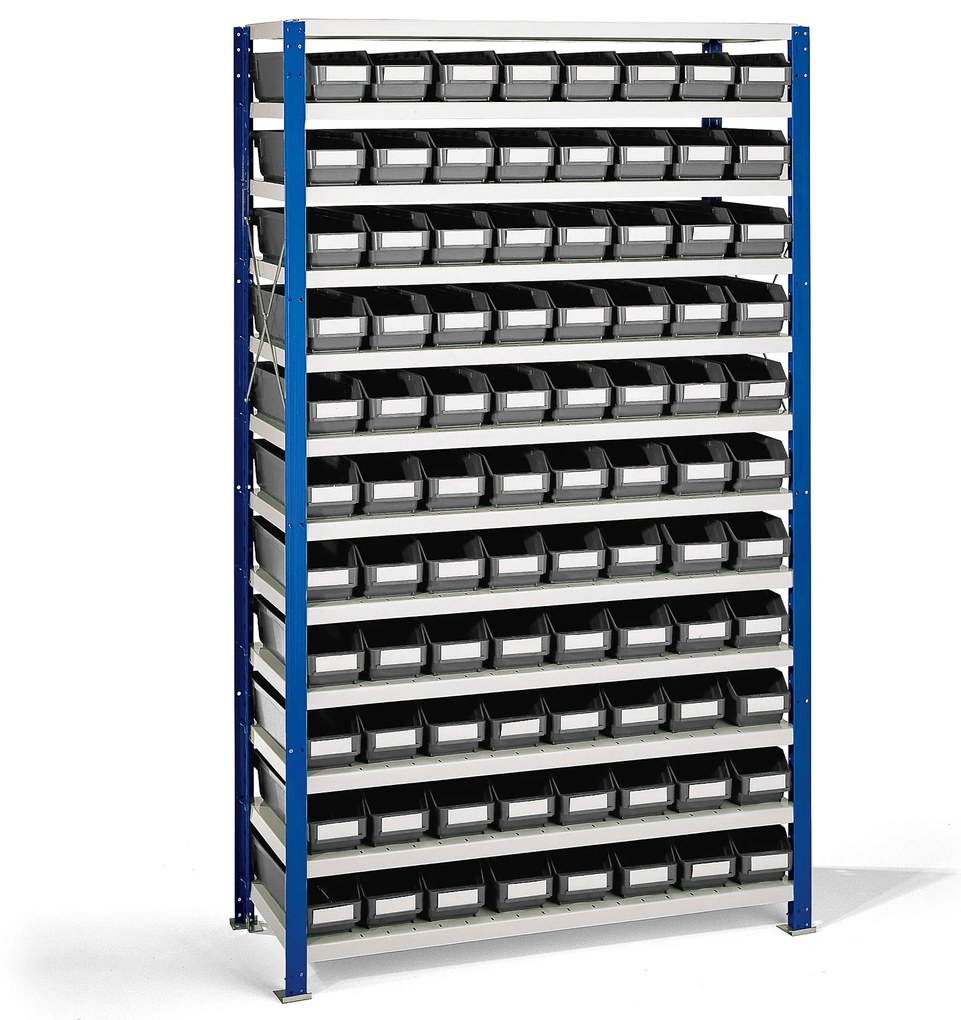 Regál MIX s 88 šedými plastovými boxami REACH, 1740x1000x400 mm
