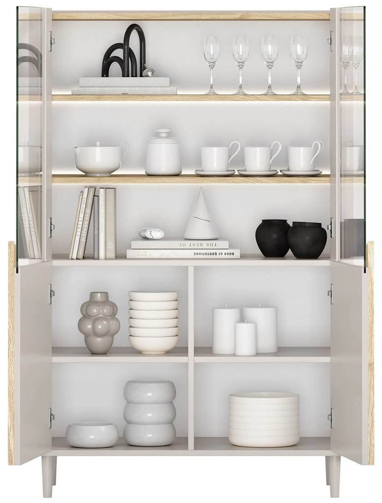 Vitrína Amilio 100 cm dvojdverová na nožičkách - kašmír / olejovaný dub / úchytky svetlý dub