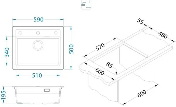ALVEUS 1148162 - Kuchynský drez ATROX 59x50 cm granit/čierna