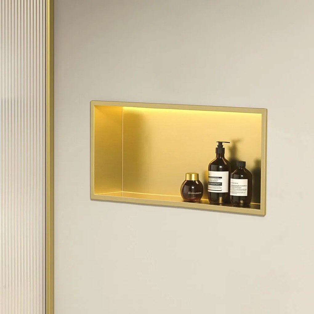 Rea Vstavaná kúpeľňová polica s LED osvetlením 60x30 cm, kartáčovaná zlatá