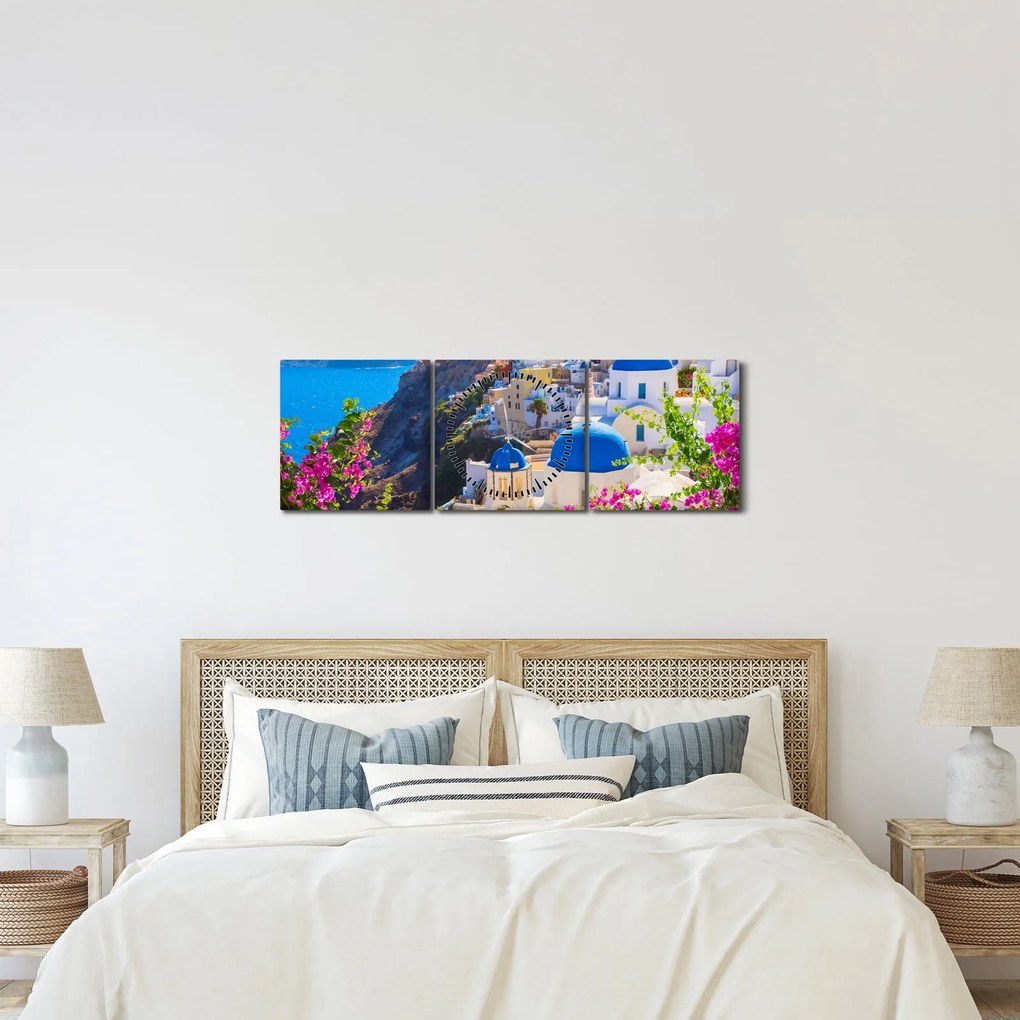 Obraz - Santorini, Grécko (s hodinami) (90x30 cm)