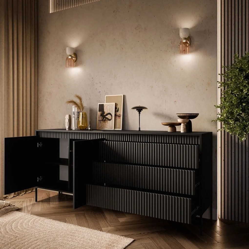 KOMODA RAYMOND 2D3S SO ŠUPLÍKMI ČIERNA MATNÁ 187 cm